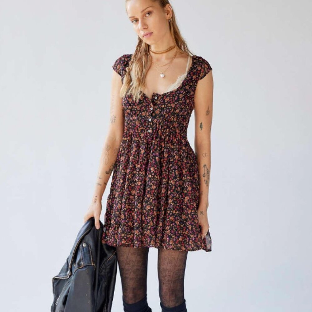 Urban Outfitters Justine Printed Lace-Up Mini Dress in Floral Multi